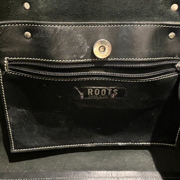 VTG Roots Black Leather Short Handle Handbag with White Stitching - Picture 10 of 13